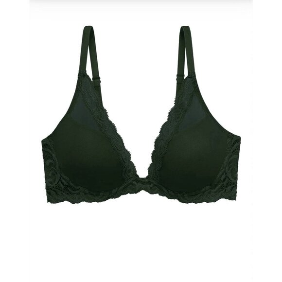 Natori Feathers Plunge Bra DK Forest Lace Mesh Underwire T-Shirt 730023 NWT - Picture 2 of 6